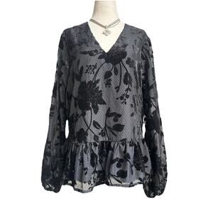 Express Velvet Burnout Top Sheer Sleeve Floral Shimmer Ruffles Sz M Goth Chic